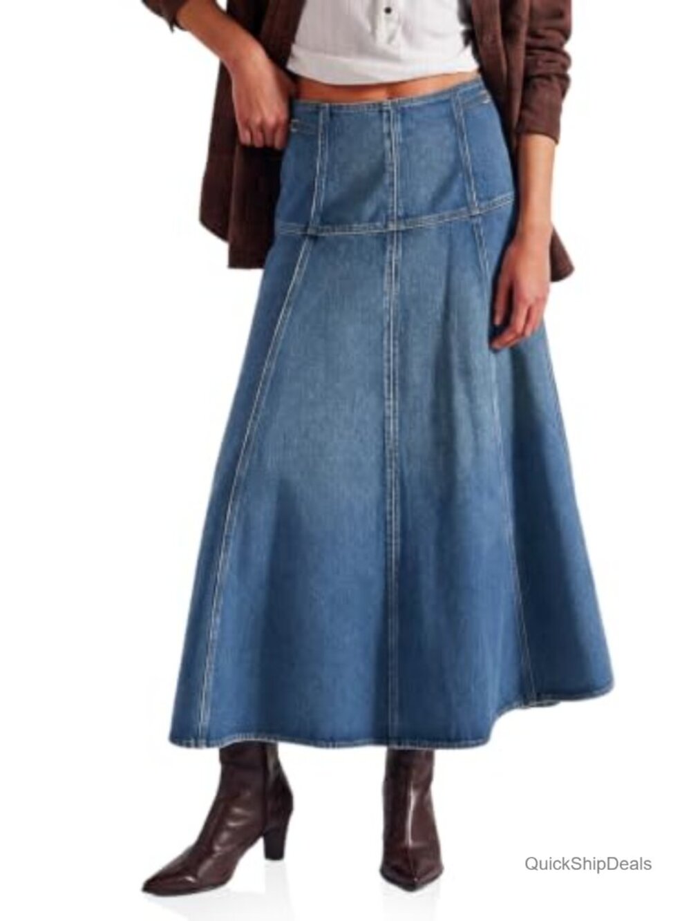 High Waisted A-Line Flowy Denim Midi Skirt Seam Detail